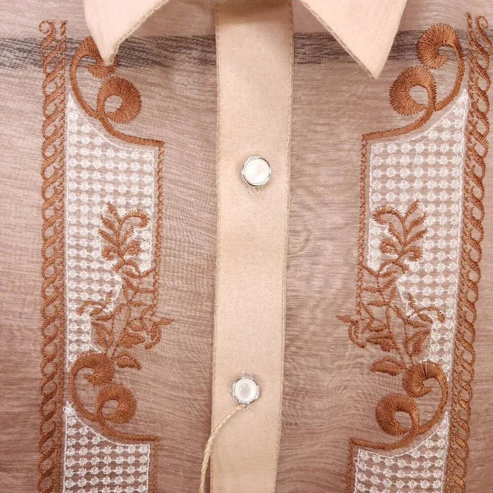 Barong Lumban Button Up Tagalog Shirt Long Sleeve Size Small Embroidered Sheer - Picture 8 of 13